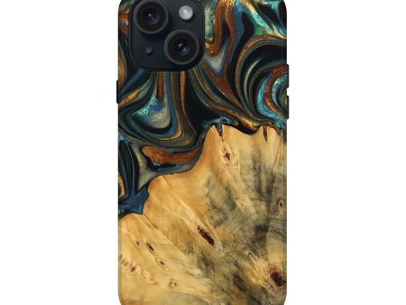 iPhone 15 Wood Live Edge Phone Case - Gabriel (Teal & Gold, 740103) For Sale