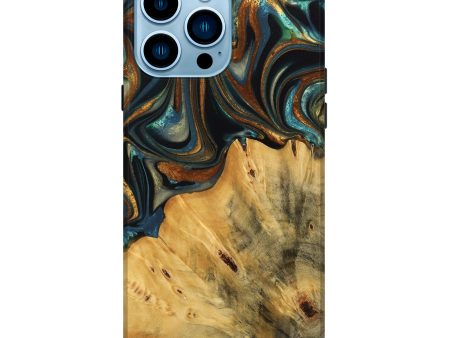 iPhone 14 Pro Max Wood Live Edge Phone Case - Gabriel (Teal & Gold, 740103) For Sale