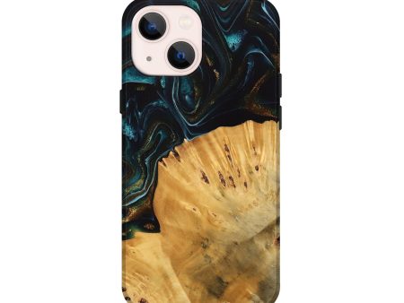 iPhone 13 mini Wood Live Edge Phone Case - Tiff (Teal & Gold, 740142) For Sale