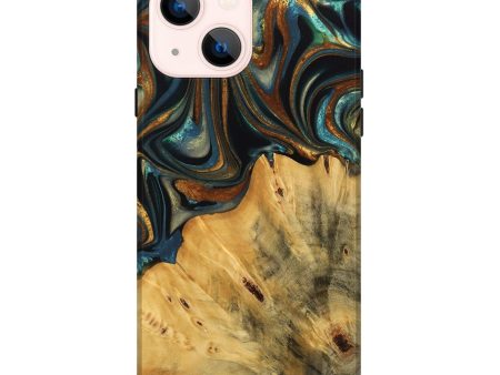 iPhone 14 Plus Wood Live Edge Phone Case - Gabriel (Teal & Gold, 740103) For Discount