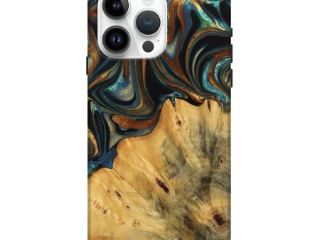 iPhone 15 Pro Max Wood Live Edge Phone Case - Gabriel (Teal & Gold, 740103) Cheap