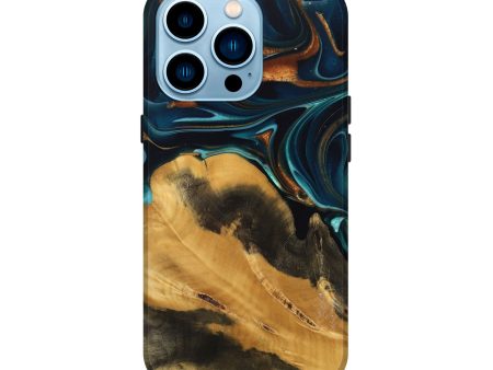 iPhone 14 Pro Wood Live Edge Phone Case - Jessika (Teal & Gold, 739499) Supply