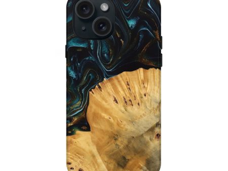 iPhone 15 Wood Live Edge Phone Case - Tiff (Teal & Gold, 740142) Online