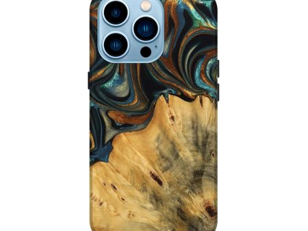 iPhone 14 Pro Wood Live Edge Phone Case - Gabriel (Teal & Gold, 740103) Discount