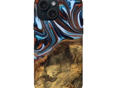 iPhone 15 Wood Live Edge Phone Case - Verlene (Teal & Gold, 740154) For Cheap