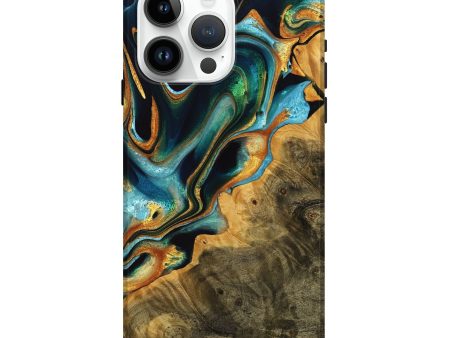 iPhone 15 Pro Max Wood Live Edge Phone Case - Camile (Teal & Gold, 737940) For Cheap