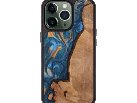 iPhone 13 Pro Wood Phone Case - Chester (Teal & Gold, 736988) For Sale