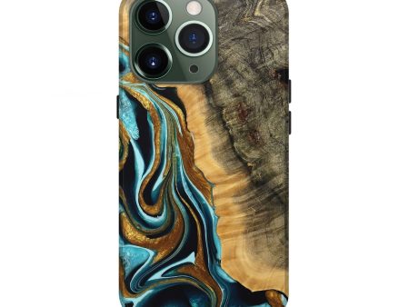 iPhone 13 Pro Wood Live Edge Phone Case - Lyne (Teal & Gold, 736569) on Sale